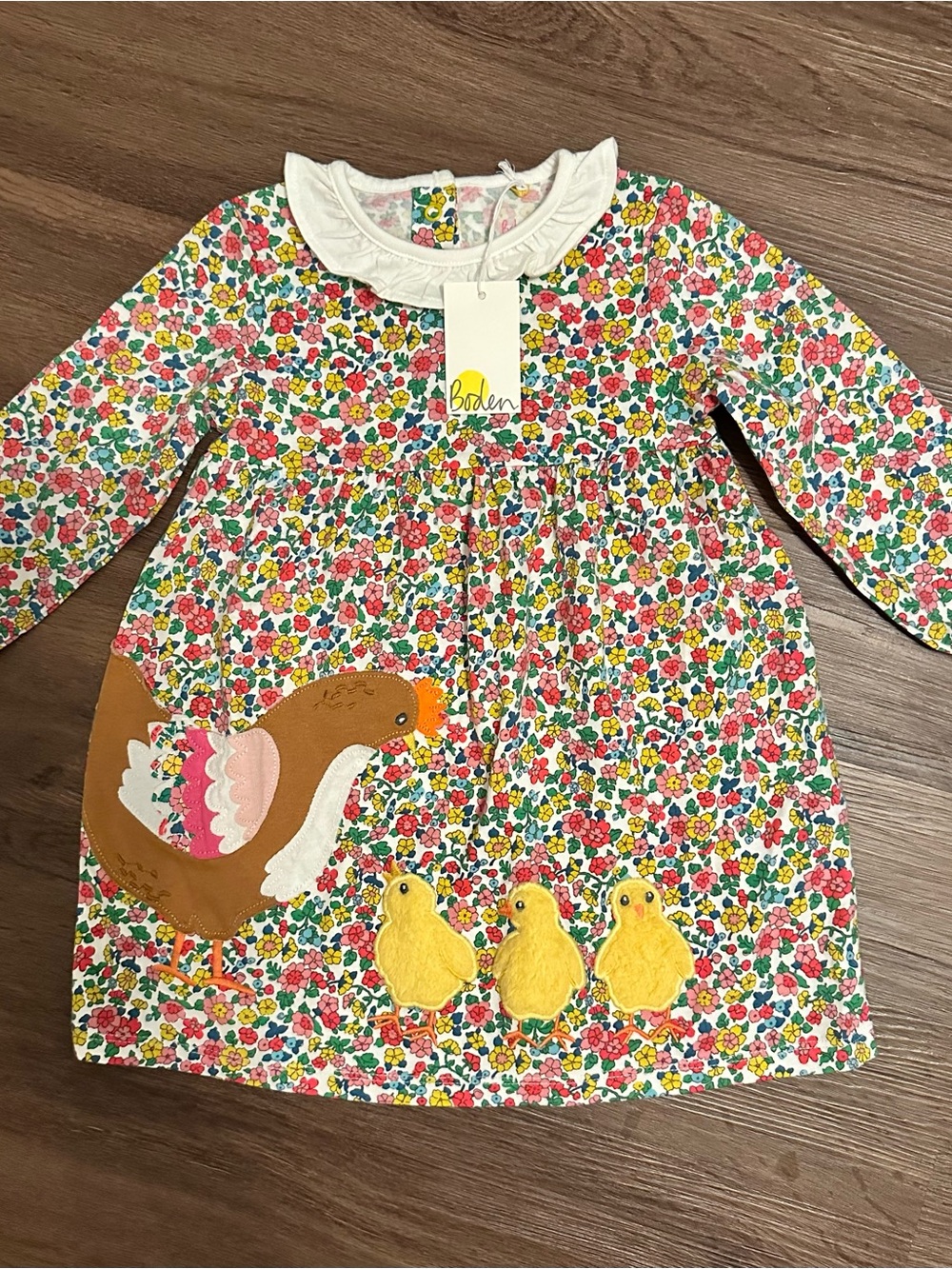 Mini Boden Floral Dress with Yellow Chick Appliqué